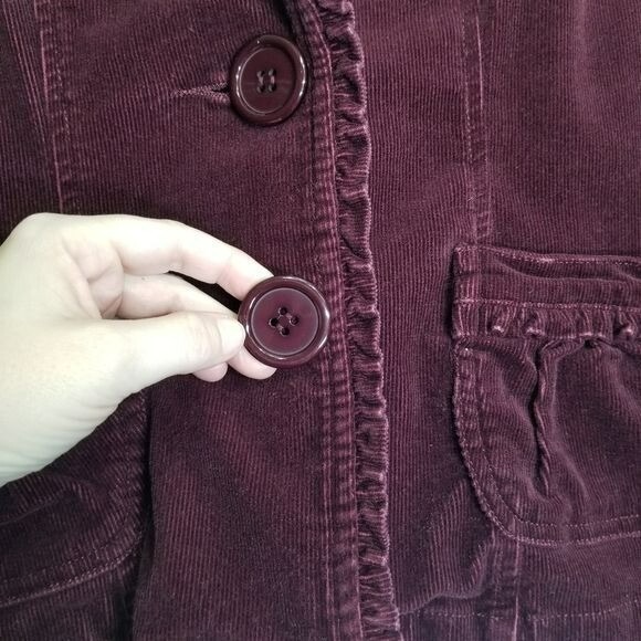 SASHIMI Women's Corduroy Blazer Jacket L Burgundy Ruffle Trimmed Pockets Y2K - Picture 5 of 10